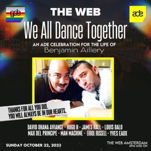 Poster for 'THE WEB: We All Dance Together' ADE celebration honoring Benjamin Aillery, featuring a yellow-framed photo of two men and event details (Oct 22, 2023, The Web Amsterdam).