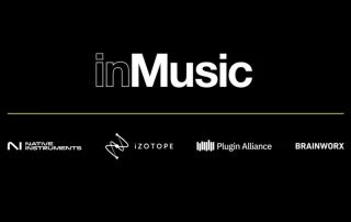 inMusic event banner with white logo on black background and sponsor logos (Native Instruments, iZotope, Plugin Alliance, Brainworx) below a green line, horizontal layout connecting brands.