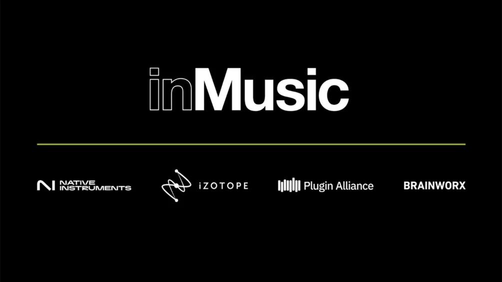 inMusic event banner with white logo on black background and sponsor logos (Native Instruments, iZotope, Plugin Alliance, Brainworx) below a green line, horizontal layout connecting brands.