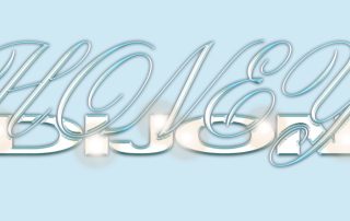 Decorative turquoise script text spelling 'HOLIDAY' with glowing letters on a pale blue banner background