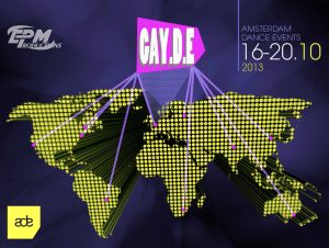 Promotional graphic for Amsterdam Dance Events 2013 with a pink 'GAYDE' sign over a dotted yellow world map on a purple background.