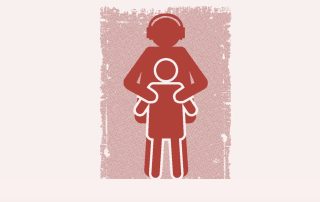 Red silhouette of an adult wearing headphones, cradling a small child in front of a textured pink backdrop, symbolizing listening and care.