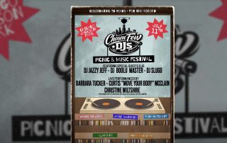 Framed poster advertising the Chosen Few DJs Picnic & Music Festival in Chicago's Jackson Park, with July 11 and the DJ lineup.