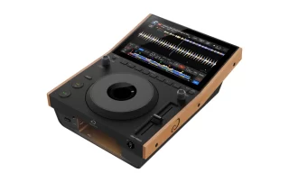 All-in-one DJ controller with a large jog wheel, touchscreen display, and wooden side panels.