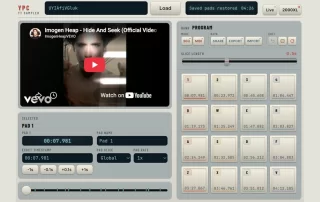Web-based audio sampler UI with a video thumbnail on the left and a grid of 16 pads on the right, showing timing and tempo controls.
